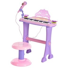 HOMCOM Mini Battery Organ Piano Microphone Stool 32 Key Keyboard Kids Toy Pink