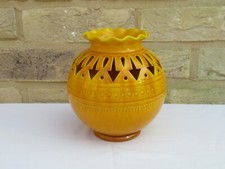 BURMANTOFTS 19TH CENTURY FAIENCE ART POTTERY OCHRE/YELLOW GLAZED PIERCED VASE