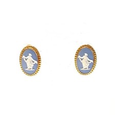 WEDGWOOD Jasper Vintage Earrings Clip-On Blue White Cameo Jewelry UK Made