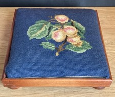 Vintage Tapestry Foot Stool Handmade woodwork fruits on bun feet 10x10” used
