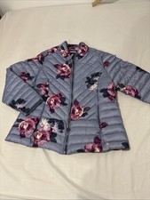 Joules Women Puffer Jacket Uk16 Blue Floral Back Logo Zip Up Lightweight Packabl