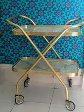 Vintage Retro 2 Tier Gold Marble Mosaic Folding Tea Trolley Bar Cart