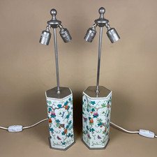 Pair Oriental Ceramic Lamps Floral Patterned Silver Metal Pattern Vintage 2 Bulb