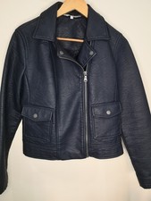 Ladies RED HERRING Dark Blue Faux Leather Biker Jacket, Size 12, VGC