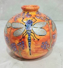 Small Ceramic Orange Vase, Dragonfly Decoration, 10 cms Tall, Handmade, English