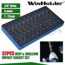 32Peice DEEPSHALLOW IMPACT SOCKET Set 3/8"Dr 7mm-22mm 6pt Hex Sockets WinHolder