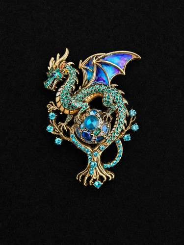 Fantasy dragon brooch blue - dragon,