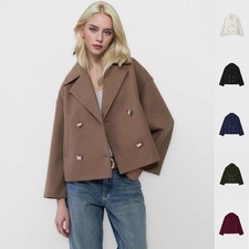 Women’s Wool Coat Double-Breasted Blazer Jacket – Elegant Short Lapel Style