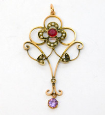 Edwardian 9ct Rose Gold, Garnet, Amethyst, Pearl Floral Lavalier Pendant Antique