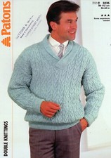  ~ Patons Knitting Pattern For Man's Cabled Shawl Collar Sweater ~ 34" ~ 44" ~