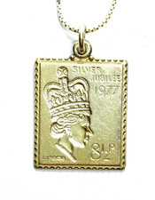 Vintage 1977 St. Silver Queen Jubilee Postage Stamp Ingot Pendant Necklace 11gr