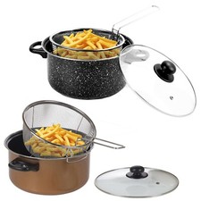 Non Stick Chip Pan Deep Fat Fryer Cooking Pot Frying Basket With Lid Set 24cm 9"
