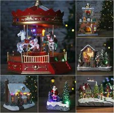 Christmas Village Scene Ornaments Musical LED Moving Xmas Decoration Carousel
