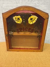 Vintage 80s Wooden 2 Tier Spice Rack  - Faux Stained Glass Door - Fit 12 Jars