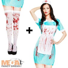 Bloody Zombie Nurse + Stockings Ladies Fancy Dress Halloween Horror Costume 