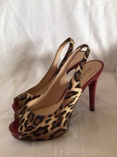 GUESS Animal Print Red High Heel Peep Toe Slingback Shoes Size UK 6.5