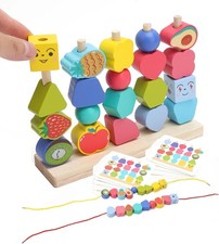 Montessori Wooden Toys Threading Beads Learning Set Stacking Blocks with Storag