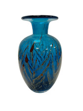 Mdina Signed Blue Glass Vase With Orange & White Design Ornament Home Decor