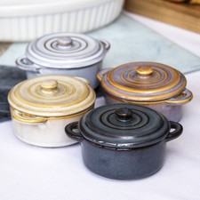 Set Of 4 Round Reactive Glaze Mini Casserole Dishes Stoneware Oven Pots Lids