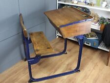 Victorian Oak Child School Desk. Folding Seat, Cast Iron Frame & Ink Well Lid.