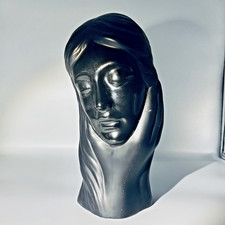 Black Pottery Female Art Contemporary Figure Statue Pensive Head Ceramic vtg .-.