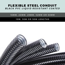 Black Flexible Steel PVC Conduit 16mm/20mm/25mm/32mm/50mm 10-50 Metre Lengths