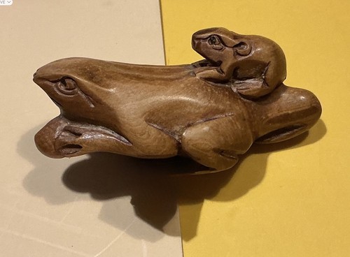 Hand carved wood netsuke toads - wood,