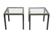 2 xPierre Vandel Paris Side Table – Vintage Modern Glass Top Green & Gold Frame