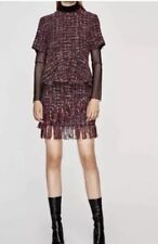 ZARA Boucle Tweed Burgundy Co-ord Peplum Top & Fringed Skirt Set- Both  Size XS