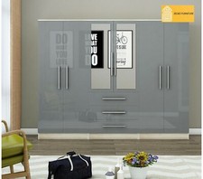 Spacious 6 Door Mirrored Fitment Wardrobe – High Gloss Grey Finish -  3 drawers