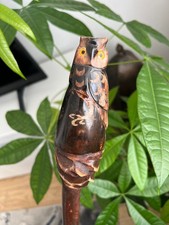 Beautiful walking stick handle Horn  owl snowy sit in wood  Art hand.131 CM