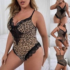 Plus Size Women Sexy Lace Leopard Lingerie Bodysuit Babydoll Underwear Nightwear
