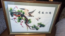oriental Chinese Embroidery of Birds with Flowers Vintage Vibrant signed 