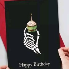 Alternative Birthday card, Skeleton Hand Holding Cupcake, Emo Rock Goth Greeting