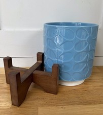 Orla Kiely - Blue Ceramic Plant Pot with Wooden Stand (60’s Stem Design)