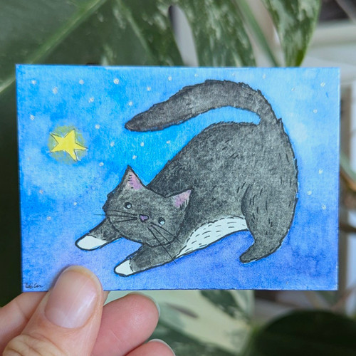 Aceo black cat stars - black,