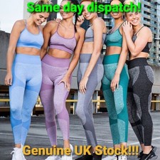Women 2PCS Seamless Yoga Set Gym Top Bra Leggings Workout PushUp Fitness Suit UK