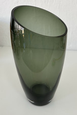 Vintage Asymetric Smoked Olive Green Glass Vase Swedish MCM 10.5" Heavy Base