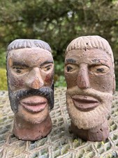 Popular Art Aveyron Around 1900 Two Wooden Puppet Heads Carved