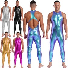 Mens Bodysuit One-piece Jumpsuit Fitness Rompers Metallic Catsuits PU Leather