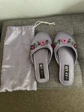 Lavender Satin mule slippers with bead decoration in matching bag