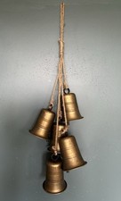 Set 5 Hanging Gold Brass Metal Christmas Cow Bells - Rustic Vintage Decoration