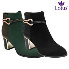 Lotus Womens Black Green Faux Suede Gold Trim Heeled Ankle Boots Ladies Autumn
