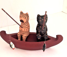 Wooden Folk Art Cats Fishing In A Boat  Decor Hand Painted Whimsical Farmhouse