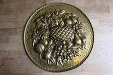Vintage Large Embossed Brass  Exotic Pineapple & Fruit Plaque 14.5 Inch Diameter