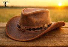 Men's Cowboy Hat Real Leather Australian Western Style Tan Crazy Horse Bush Hat