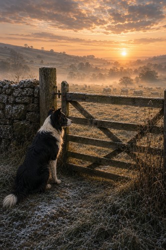 Border collie sunrise - border, art