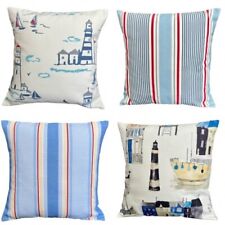 Handmade 14" Cushion Cover  Blue Stripes Lighthouses Boats Sea Beachhuts