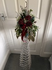 Christmas Red Rose Faux Artificial Floral arrangement on tall stand