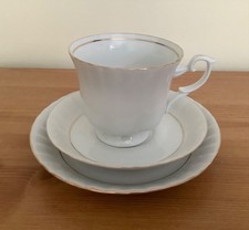 Vintage Chodziez Iwona - White/Gold, cup, saucer, plate trio scalloped edge